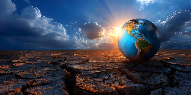 Foto el globo desaparece en tierras estériles agrietadas debido al impacto del calentamiento global concepto el calentamiento global, el cambio climático, la destrucción del medio ambiente, las tierras agrietadas, la desaparición del ecosistema