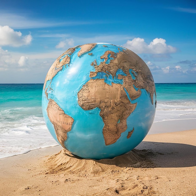 Foto globo del día mundial de los refugiados en una playa con el océano en el fondo