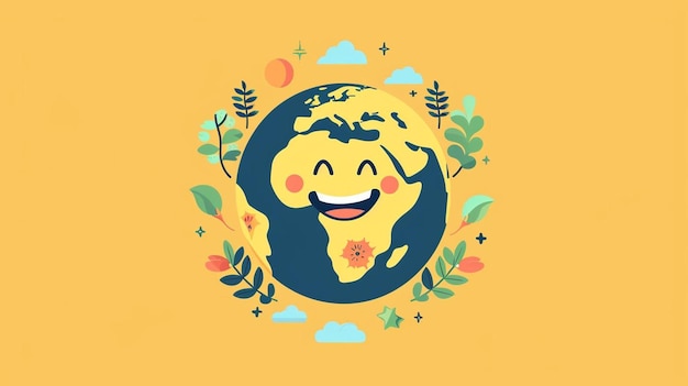 Foto un globo de dibujos animados con una cara feliz rodeada de plantas