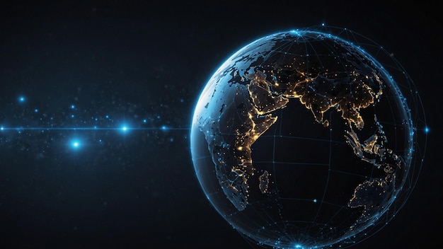 Globo digital 3D iluminado con conexiones de red en un entorno oscuro