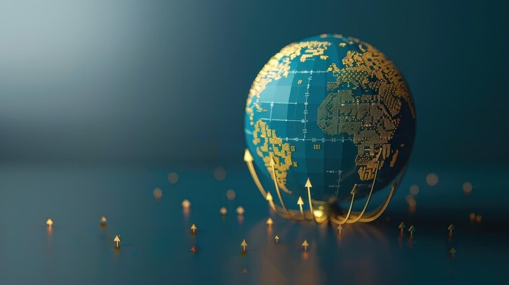 Globo digital con flechas financieras que representan las tendencias y el crecimiento económico mundial