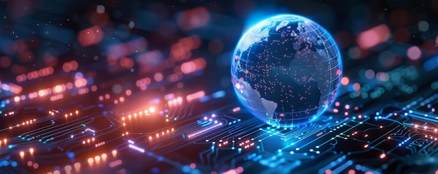Globo digital futurista con fondo de placa de circuitos brillantes que representa la tecnología y la conectividad globales