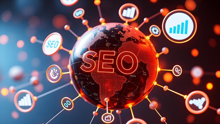 Un globo digital rodeado de iconos que representan elementos de SEO como palabras clave, backlinks y análisis