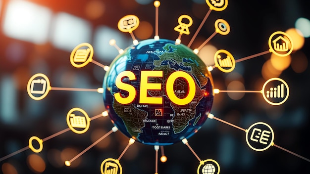 Un globo digital rodeado de iconos que representan elementos de SEO como palabras clave, backlinks y análisis