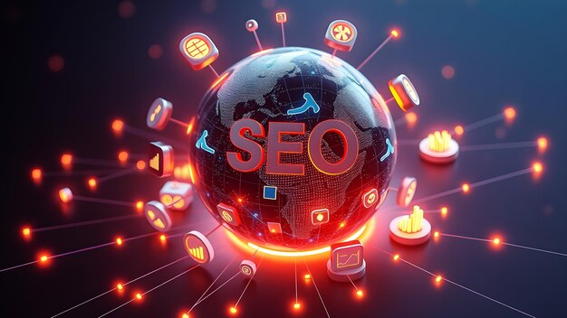 Un globo digital rodeado de iconos que representan elementos de SEO como palabras clave, backlinks y análisis