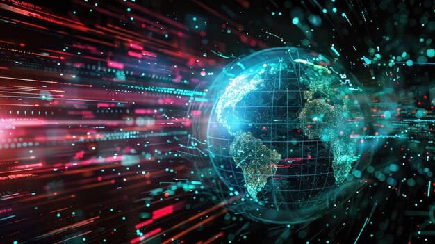 Globo digital rodeado por nubes de datos abstractos que representan la computación en la nube