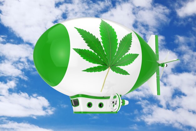 Globo dirigible de dirigible de dibujos animados con marihuana medicinal o signo de hoja de cáñamo de cannabis sobre un fondo de cielo azul. Representación 3D