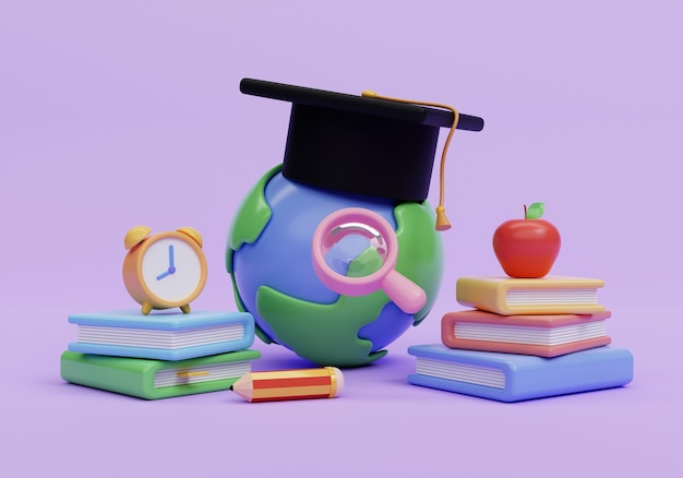 Foto globo do conceito de educação 3d com chapéu de formatura com acessórios escolares em fundo roxo de volta à ilustração de renderização 3d da escola