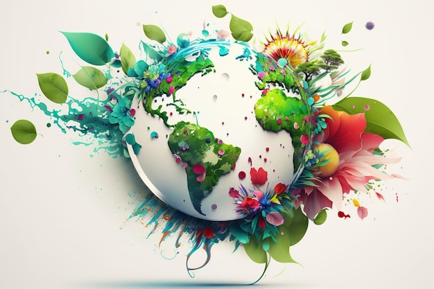 Globo do Dia Mundial da Terra com flores e plantas de levitação
