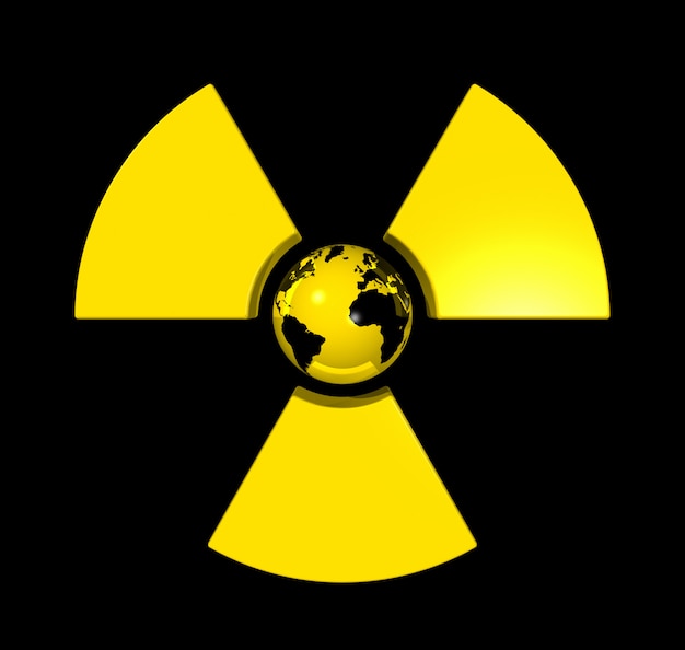 Foto globo do mundo 3d isolado no centro de um ícone de símbolo radioativo