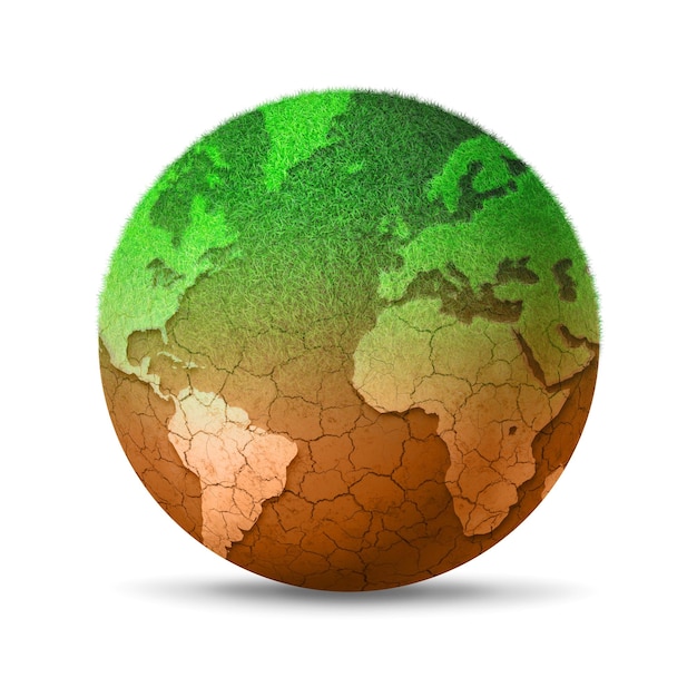 Foto globo do mundo secando devido ao aquecimento global isolado no fundo branco