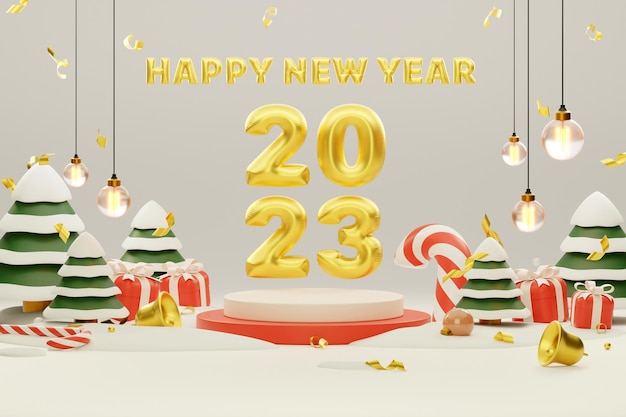 Foto globo dorado de navidad y año nuevo y podio para banner de redes sociales caja de regalos roja