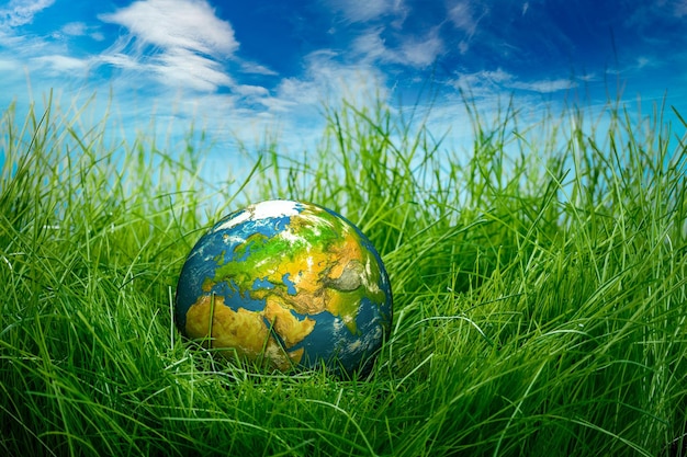 Globo se encuentra en la hierba verde. Concepto - Día de la Tierra.