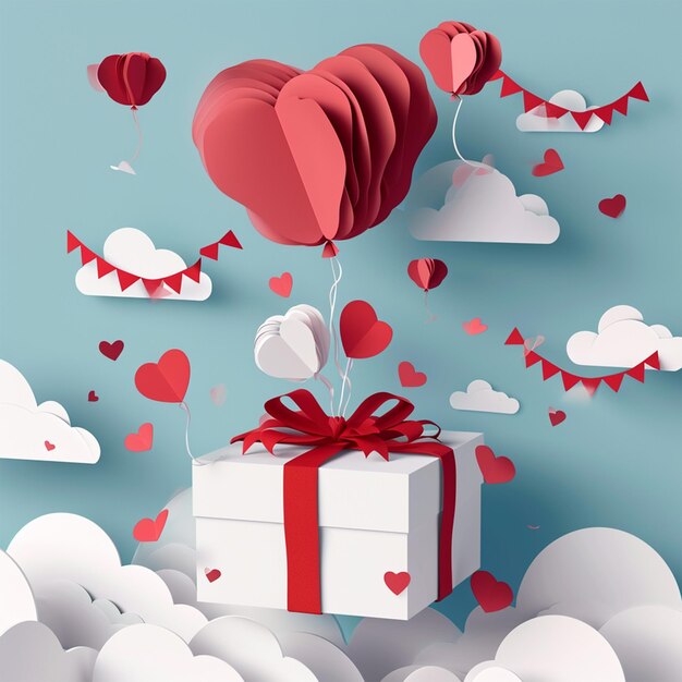 Foto un globo en forma de corazón con una caja de regalo en las nubes vector azul pestal fondo