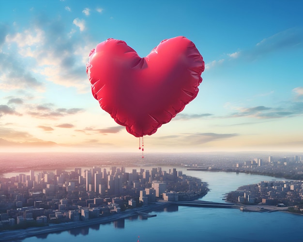 Globo en forma de corazón flotando en el fondo de la ciudad Representación 3D