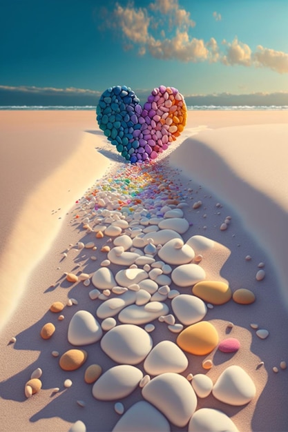 Globo en forma de corazón volando sobre una playa de arena generativa ai