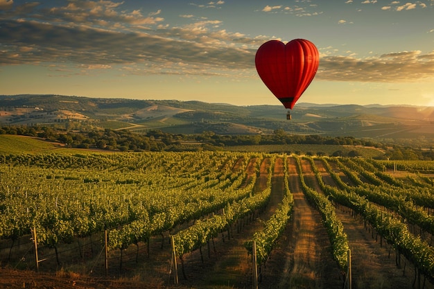 Foto un globo en forma de corazón volando sobre un viñedo al atardecer