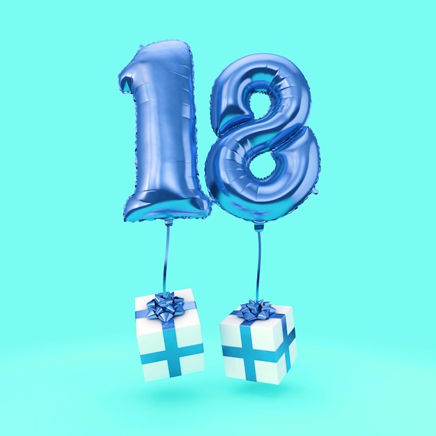 Globo de helio de aluminio de celebración de cumpleaños número 18 con regalos 3D Render