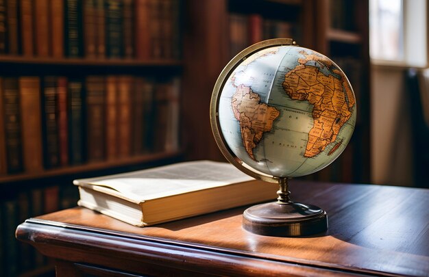 globo con un libro en una mesa de madera