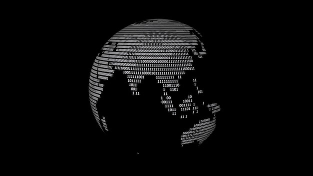 Globo con mapa de código binario girando sobre un fondo negro