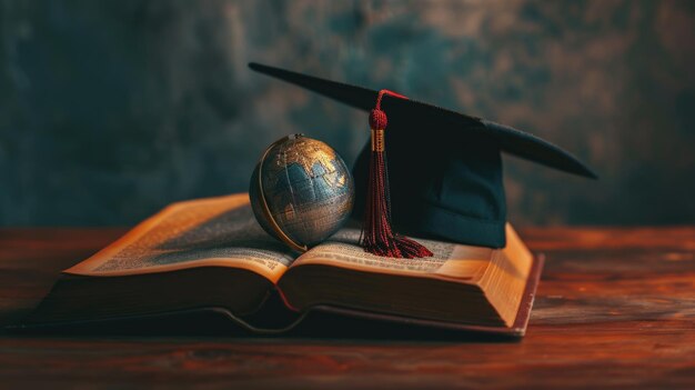 Globo en miniatura con una tapa de graduación en la parte superior colocado en un libro abierto