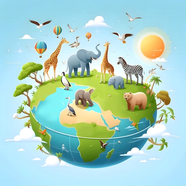 Globo Mundial com Animais no Dia da Vida Selvagem