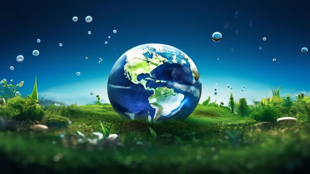 un globo mundial con gotas de agua en la parte superior