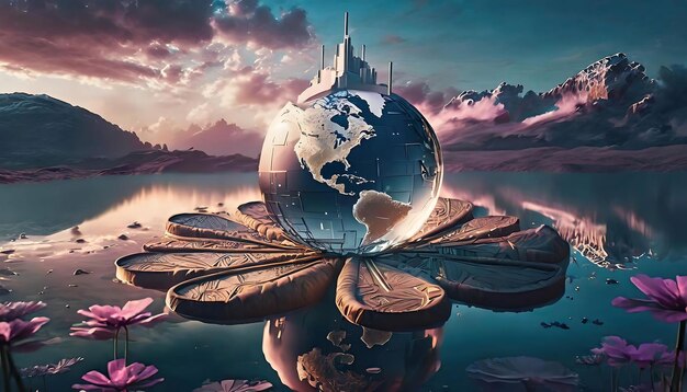 Foto un globo mundial con un reflejo de una ciudad en el agua