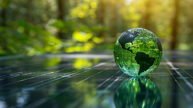 un globo con el mundo en la mesa de vidrio