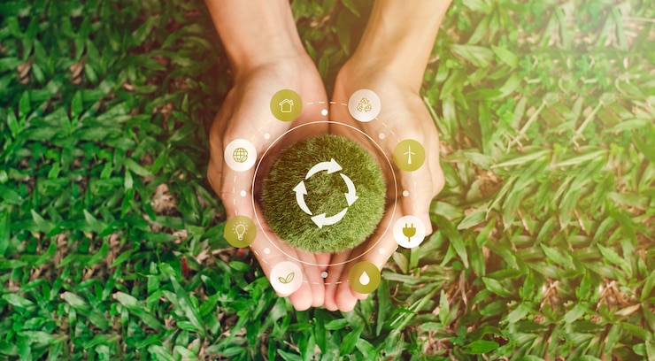Foto globo na mão junto com a preservação do meio ambiente global. proteção ambiental elementos desta imagem decoração ícones ambientais