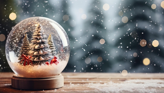 Globo de nieve con árbol de Navidad y copos de nieve sobre fondo de madera