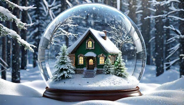 Foto globo de nieve con una casa en un bosque nevado feliz navidad