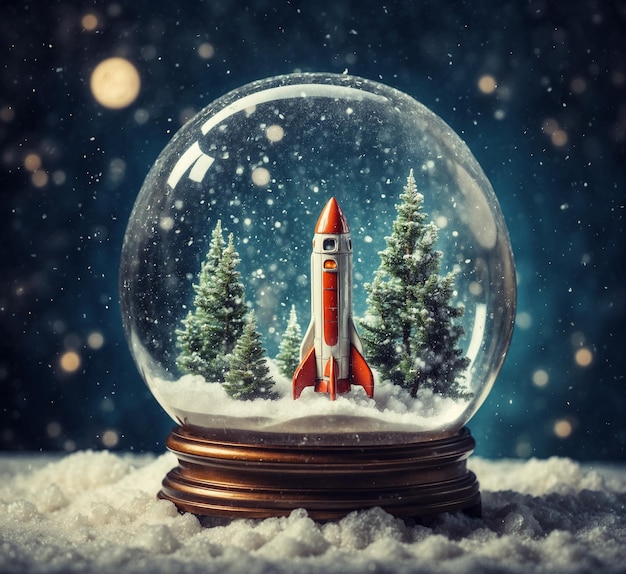 Globo de nieve con cohete y árboles de Navidad Concepto de viaje espacial Renderizado en 3D