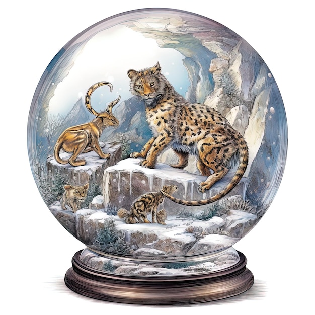 un globo de nieve con un leopardo y un leopard en él