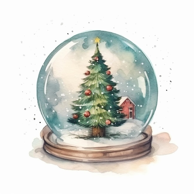 Globo de nieve de navidad acuarela con un árbol de navidad dentro.