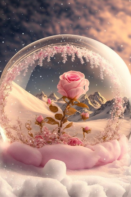 Globo de nieve con una rosa en su interior ai generativo