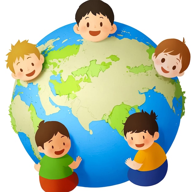 Foto un globo con la palabra mundo en él y los niños a su alrededor
