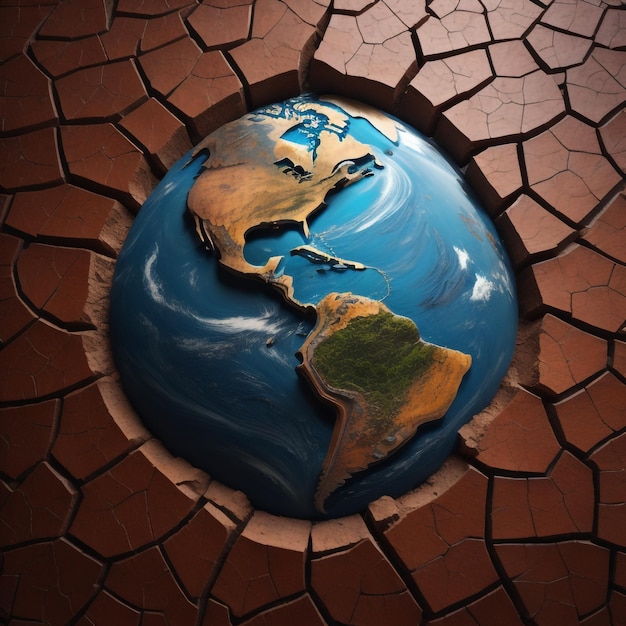 Un globo con la palabra tierra en él está en una superficie marrón.