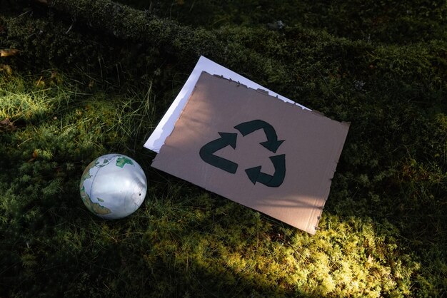 globo y película plástica bosque verde, Contaminación del medio ambiente. El problema del reciclaje de plástico