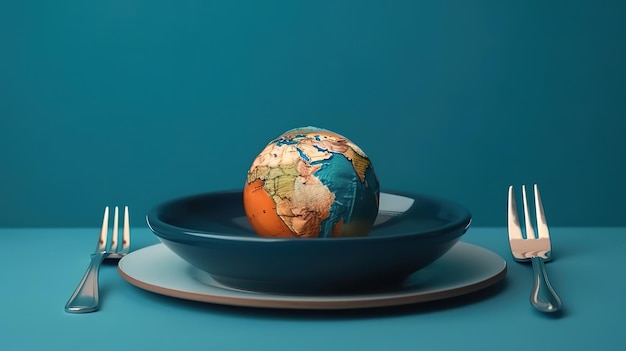 Globo en un plato para comida sobre un fondo azul Generativo Ai