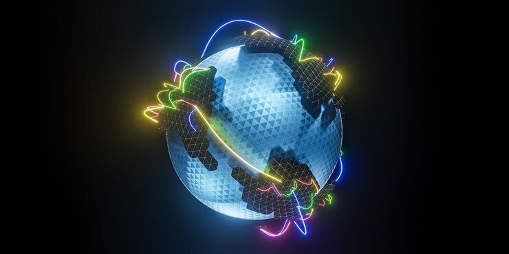 Globo poligonal 3D con conexiones globales de línea., Red social global., Modelo 3d e ilustración.