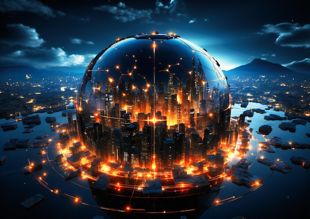 un globo que está conectado a las luces de la ciudad