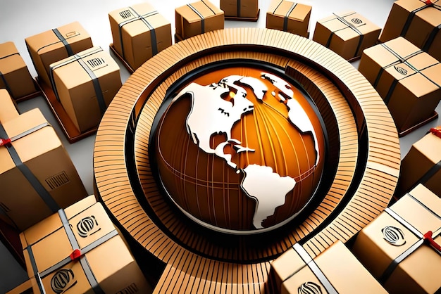 Foto globo rodeado de cajas de cartón logística de negocios globales renderizado en 3d