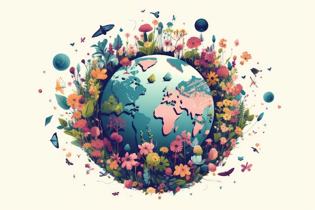 Un globo rodeado de flores y plantas con las palabras tierra.