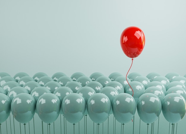 Globo rojo flotando desde globos azules que están atados sobre fondo azul, Rendimiento sobresaliente de la multitud por diferentes pensamientos, interrupciones y liderazgo mediante renderizado 3D.