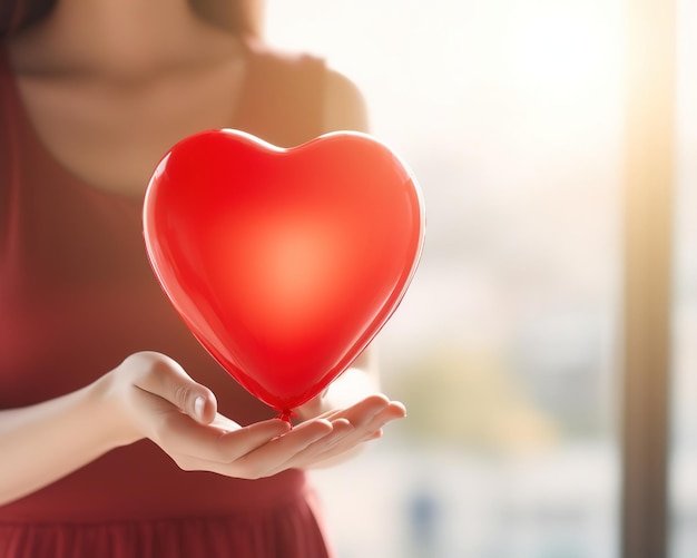 Foto globo rojo en manos femeninas símbolo de amor declaración de sentimientos en el día de san valentín