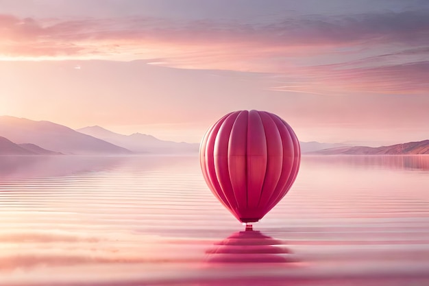 Un globo rosa flotando en un lago con un cielo rosa y montañas al fondo.