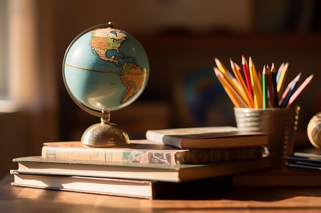 Globo sobre una mesa con lápices y libros.