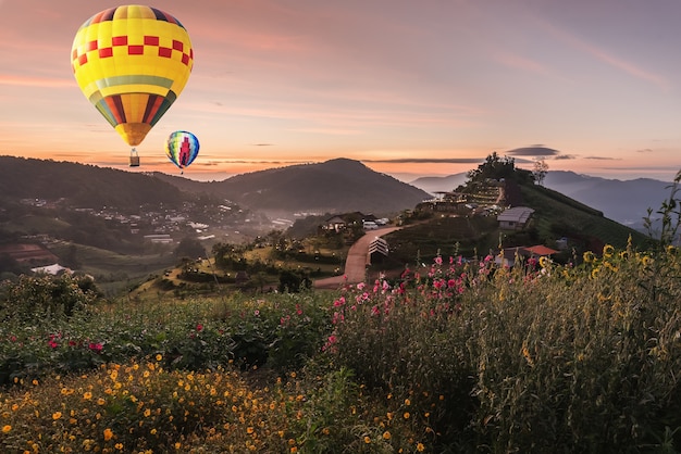 Globo sobre la vista a la montaña