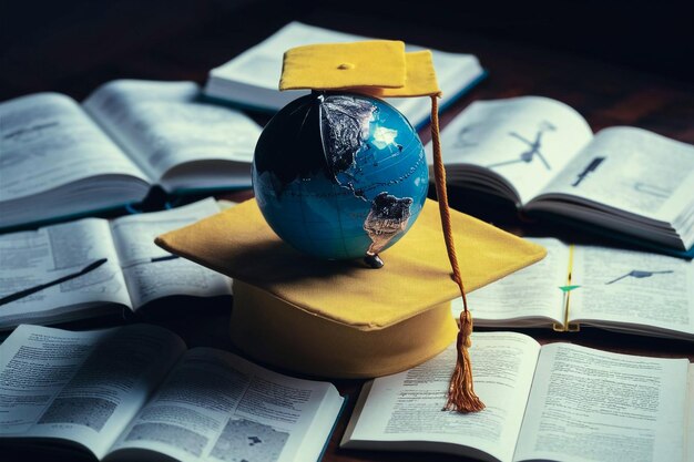 Foto un globo con una tapa amarilla se sienta encima de una pila de libros